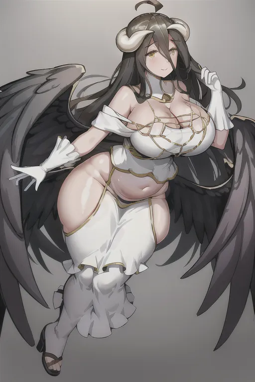 <lora:albedo:1> UHD, 1girl, cocky, seductive, dominant, albedo, overlord, white dress, tight dress, full body dress, cleavage, demon girl, horns, wide hips, thick waist, fat, glutton, fat belly, overweight, black wings, slit eyes, anime style, extreme low angle,