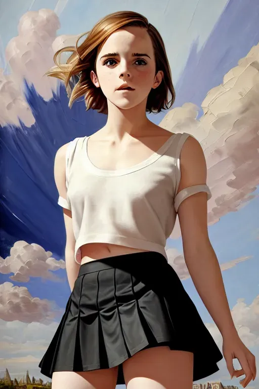 Emma Watson is wearing a skirt, The painting shows the perspectove from below, Her panties are visible, She is wearing a short top that reveals the top of her breasts