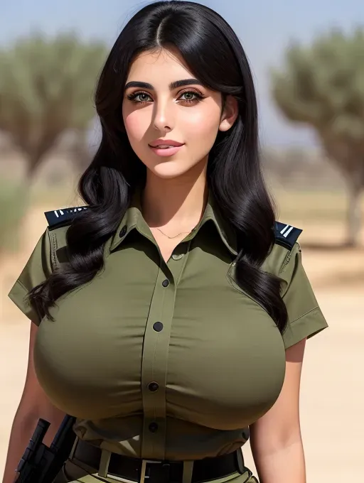 Gorgeous young Israeli woman, photo cute attractive young face, large wide doe eyes, light colored eyes, big plump lips, huge gigantic boobs, (gigantic tits), raven-black hair, sexy, thin, slim waist, tight olive-colored camouflage Israeli Defense Force soldier fatigues, photorealistic, best quality, ultra high resolution