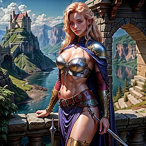 High fantasy setting (Dungeons and Dragons), castle on a cliff in a forest by a lake,
two women, blonde Olivia Wilde and redhaired Dina Meyer, wearing leather and metal armour, blue and purple clothes, long cape, knee long skirt, leather boots, medium breasts, cleavage, toned body, abs, slender, bare waist, very beautiful face, blue eyes, holding dagger or sword in one hand, <lora:dpmg_add_detail:1.4>, vivid colors, cinematic composition, artificial light, UHD, HDR, highest quality, highest resolution, (photorealist), (photorealism), (masterpiece:1.4)