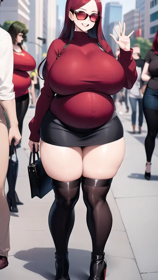 Dark red hair, sexy glasses,Sexy women ,big boobs,pregnant gigantic belly,fat belly and fat boobs,weight gain, gigantic fat belly,fat belly ,huge pumped up belly, black mini skirt, black high heels boots,sex,nude boobs, in a city, people mass, <lora:dpmg_pov_Big_fat_belly:1>,
