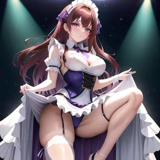 Silken cascades of auburn hair, Porcelain complexion with a natural healthy glow, Eyes resembling deep shimmering amethysts, Graceful and poised posture, Timelessly elegant aura, maid uniform, Practical and alluring maid outfit, Short skirt revealing legs modestly, Tight-fitting top with a hint of cleavage, Modest yet dignified appearance, Matching ribbon and bow accessories, Touch of femininity in the overall look, Tastefully tantalizing lingerie underneath,