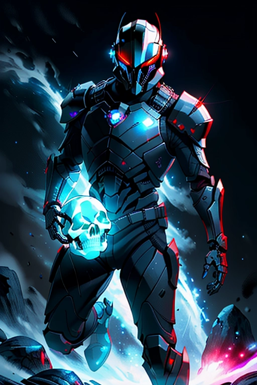 Sci-fi, the year 3024, humans are a part of a large mean space empire, our subject is an awesome male marine officer, colonel rank, bounty hunter, human male, sinister, ghostly, intimidating, tough, sleek dark black armor, (((white skeleton skull shaped mask on helmet))), black armor, red ambient lights, mean appearance, masculine, muscular build, holding a chrome futuristic revolver pistol, red ambient lights on armor, colonel rank, red and black colors, snowy forst planet backdrop, ((high definition)), ((4k quality)), ((excellent lighting)), ((great shading)), ((pristine detail)), ((very clear picture)), ((beautiful vibrant colors)), ((accurate at lower prompt guidence)), ((ultra realistic)), (((five fingers per hand))), (((two arms))), (((two legs))), (((detailed hi-res eyes))), (((highly detailed irises))), (detailed realistic gun.), (((full body picture)))