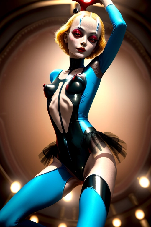 Realistic. naked, red lips, slender beautiful, very thin, pale perky breasted, aroused exhibitionist ballerina-harlequin nymphomaniac acrobat girl Margot Robie in a very crowded very dark old 1925 yellow, blue and green circus ring. the aroused crowd watches her anus open. Carnivale film style. 3d. she wears a (((crotchless, nipple-hole bodysuit and a tutu))). a spotlight shines on her anus. (((perfect anus)). ((Long shot)).