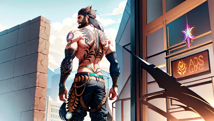 cyberpunk dgerunners, league of legends, olaf, 1boy, abs, bara, beard, black dark-skinned male, facial hair, full body, hand on own hip, large pectorals, long beard, long hair, looking ahead, male focus, mature male, mechanical arms, mechanization, muscular male, nipples, pants, pectorals, shoulder tattoo, skull belt, standing, thick eyebrows, thick mustache, topless male, v-taper, from the back, looking back,<lora:dpmg_fantasy_armor:1>