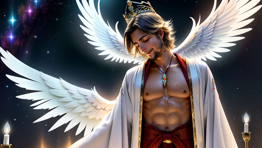 a 64k high detailed photo of body shot of Angelic Jesus, HDR Professional ((In Robes))) ((Has robe Attire)) Godly Ultra Detailed Best Quality Most Detailed (((Angel Wings))) Angelic Lighting Love Hope Magic casting Crown Smiling king happy Glory Warrior Angels Angelics Positivity Happiness ecstasy enraptured sweaty saving God Royalty Morality Goodness True Good Power Force Authority Ethical Saviour Halo short Hair Always and Forever Sentimental in heat hot ultra hot best best lighting tantric Neutral Brilliant Logical Compassionate Perfect Perfection Exciting Integrity Winged Courage Purity Harmony Beauty mark on upper lip ((Male)) (Ethereal Lighting) (Celestial Lighting) (((With Clothes))) ((With God Item)) ((God Tech)) with items of power God Wings ((Afterlife Light)) (Love Worship) ((Happy Expression)) (((Angels)))