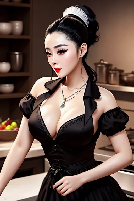 a oil painting of,fan bingbing,wearing maid clothes,dancing,in the kitchen,natural breasts,five fingers per hand,ponytail,charming face,beautiful lips,black eyes,curved eyebrows,curved eyelid,peaceful,wearing necklace,smooth,professional,unreal engine,editorial,studio lighting