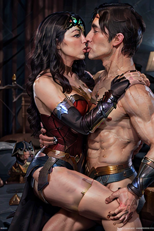 Wonder Woman straddling and fucking Batman, full body images, realistic body, 8k resolution, <lora:strading_kiss:1>