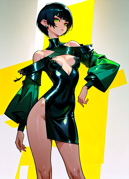 1 asian woman, solo, (detailed face:1.2), piercing green eyes, (small breasts), prominent nipples, black hair, short undercut hair, off shoulder latex dress, standing, (looking at viewer), high quality, side view, in an empty white room