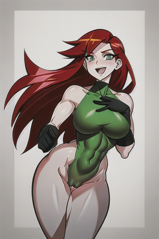 Kim Possible bright red hair, green eyes and a slim,
Kim Possible has a slim figure. Her proportions emphasize her fitness and agility, The drawings and animations show her with long legs and a toned body, flat chest, 34c breast, naked, nude ,<lora:manga_lineart:1>, full naked , pussy exposed, breast exposed