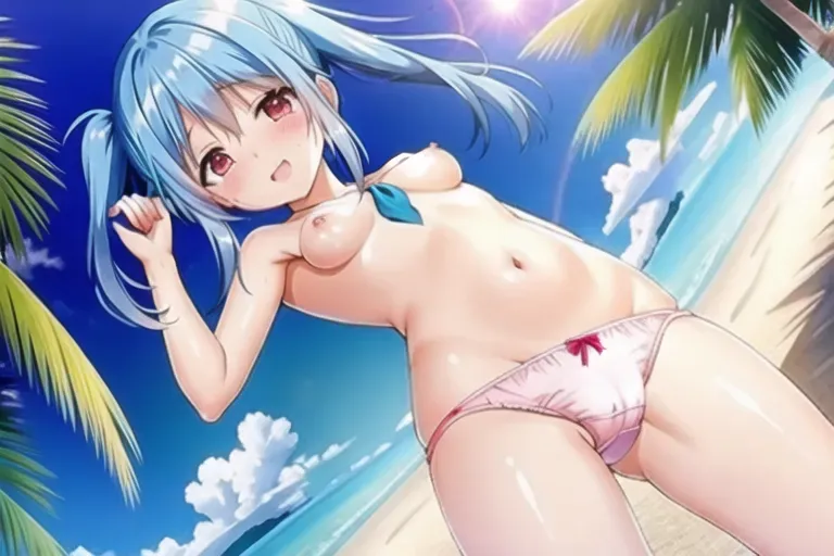 Nude, pink panties, wet panties,dripping panties, no bra, on a beach, blue hair, small breasts, pig tails, red eyes