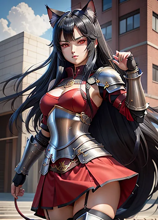 best quality, high details, flat chest, toned body, sixpack, black hair, long hair, red eyes, neko, cat ears, wide shot, full body visible, warrior, armor, heavy armor, red skirt