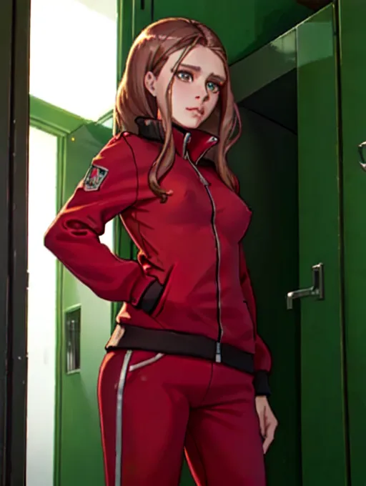 realistic HD photograph ((wide shot)), (((Elizabeth Olsen))) ((((accurate face)))),(((in a locker room)))(((wearing unzipped red tracksuit with black trim)))(((topless))),((very sexy pose)),(((small perky breasts))),(((zaftig athletic body)))((evil smirk)), (((messy haircut))), five slender fingers, beautiful face, beautiful lips,detailed large eyes,curved eyebrows,cgsociety,cinematic lighting,studio lighting,professional,editorial,<lora:dpmg_fingering:1.5>
