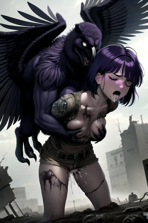 Titans cartoon style, Raven getting fucked by a monster beast, post apocalyptic wasteland, clothes being torn off, short plum hair, small round breasts, eyes closed, furrowed brow, fondling breasts, vaginal sex, squirting cum,