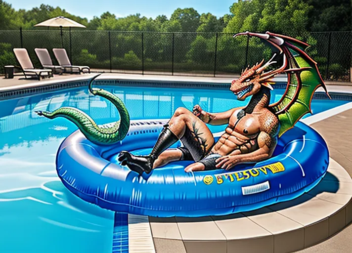 sentiant male inflatable feral dragon with a cumming at a pool.