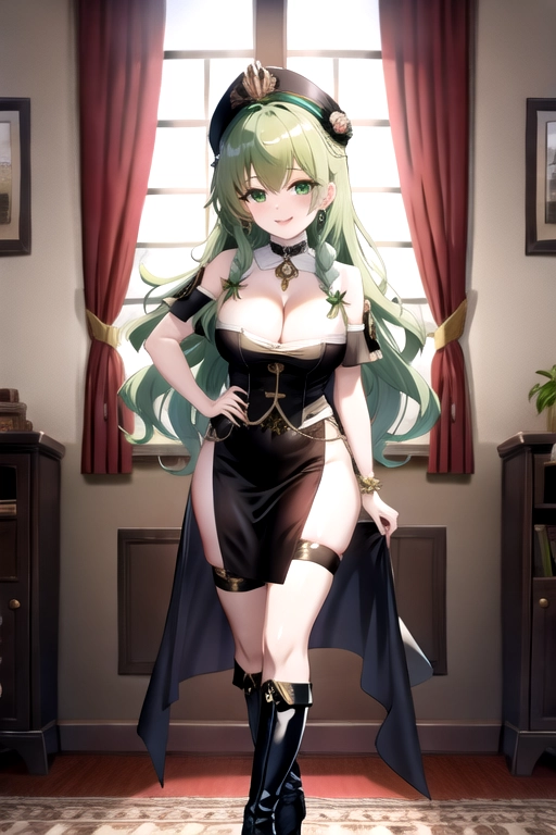 8k quality, green eyes, pale white skin, green hair, giant breasts, cleavage, looking at viewer, pov, long hair, wavy hair, full body photo, standing in living room, smiling, black minidress, high heels, thigh high boots, choker