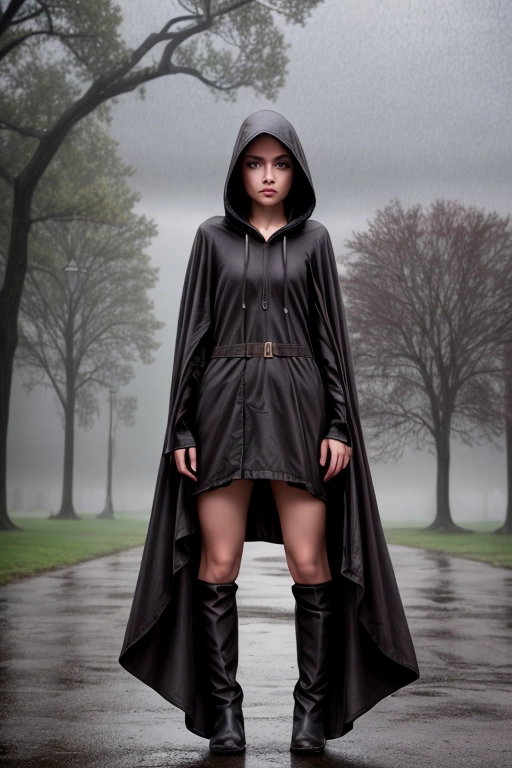 <lora:dpmg_add_detail:1>, dark hair, dark eyes, darker intentions, pixie cute, full lips, taut body, casual open stance, young skin, old eyes, wind blown hooded cloak spread around her, middle of a thunderstorm, full body view, facing viewer