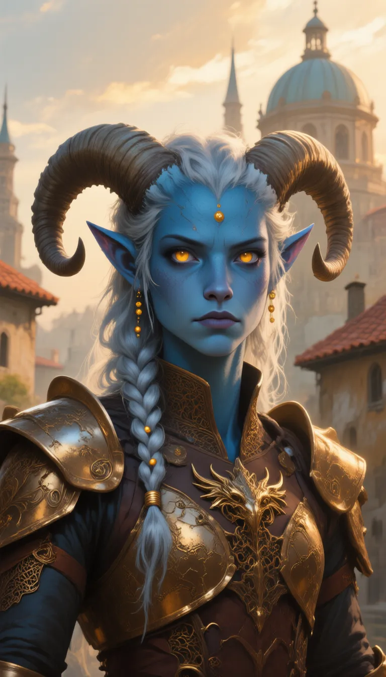 A high fantasy cinematic portrait rendered in photorealistic digital painting style, blending Renaissance-era architectural influences with mythical creature design, presented with high details, high quality, and masterful craftsmanship. The composition centers a medium close-up of a regal blue-skinned humanoid figure featuring ram-like horns, pointed elven ears, and long silver braided hair adorned with small gold beads, positioned front-facing with a slight low-angle view to emphasize dominance. The character wears ornate golden-brown armor showcasing dragon motifs and intricate filigree, exuding ethereal grace alongside imposing power through luminous eyes and textured metallic surfaces. The background reveals a sun-drenched, blurred European-inspired cityscape with domed buildings, spires, and terracotta rooftops under a soft golden hour sky, creating depth via bokeh effect and atmospheric perspective. The color palette dominates with cool cyan-blue skin tones, warm metallic golds, earthy browns, and soft amber highlights from ambient light, all executed with layered textures for a luminous, high-quality finish. The painting technique employs detailed digital brushwork, resulting in a masterpiece that evokes a mystical sovereign. The style merges Artgermâs detailed character work, concept art from *The Witcher* and *Warcraft* franchises, and modern cinematic fantasy visuals like *The Lord of the Rings* with enhanced digital realism and stylized mythical elements, crafting an immersive and visually stunning scene.