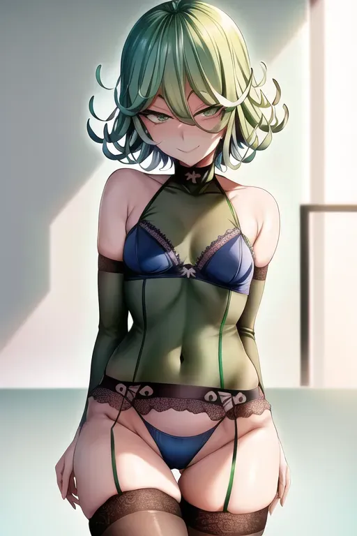 Tatsumaki from one punch man, ((blue) lacey lingerie), short green hair, green eyes, ((small breasts)), exposed legs, thigh gap, solo, one person, embarrassed smile