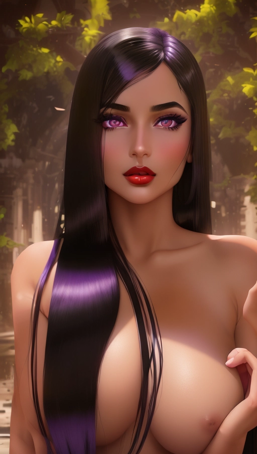 adult glamorous woman, gorgeous face, ((purple eyes)), rosy cheeks, ((tanned olive skin)), (((long straight black hair))), heavy eyeshadow, completely nude, medium breasts, dark red lips, highly detailed skin textures, highly detailed eyes, blank white background,