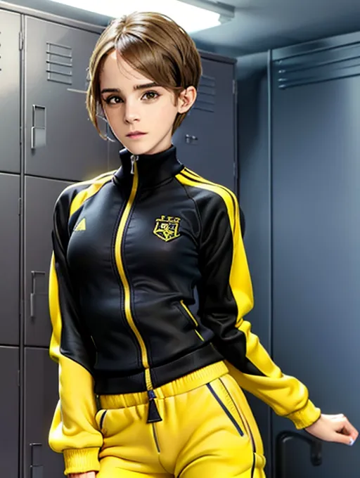 realistic HD photograph ((wide shot)), (((Emma Watson))) ((((accurate face)))),(((in a locker room)))(((wearing unzipped yellow tracksuit with black trim)))(((topless))),((very sexy pose)),(((small perky breasts))),(((slender body)))((evil smirking)), (((very short pixie haircut))), five slender fingers, beautiful face, beautiful lips,detailed large eyes,curved eyebrows,cgsociety,cinematic lighting,studio lighting,professional,editorial,<lora:dpmg_fingering:1>