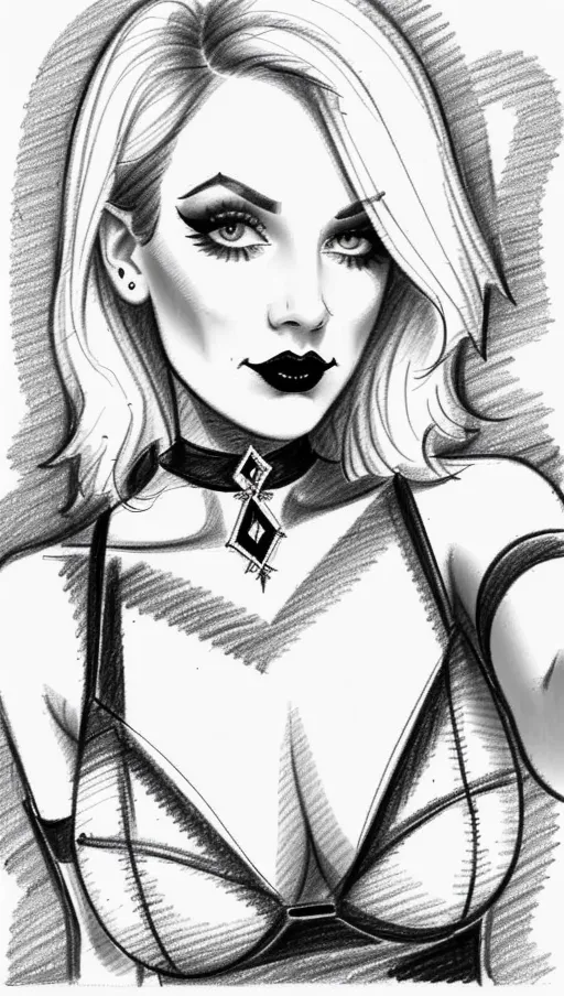 sketch of beautiful goth girl taking selfie, pencil sketch on lined paper, art, rapid pencil sketch, guide lines visible, no shading, pencil sketch of woman, pencil sketch of goth, realistic drawing, true to life, lined paper sketch,