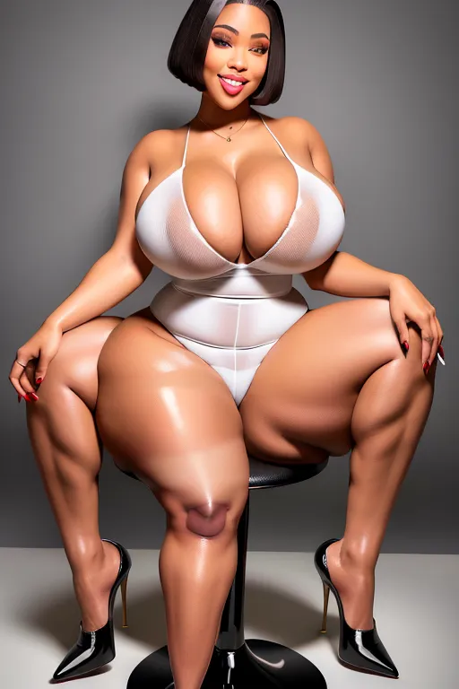 lightskin thick curvy legs spread apart sitting on stool ebony girl (((thick hips))) (((voluptuous))) huge breast open white shirt huge nipples curvy huge pixie cuts cleavage thigh high stockings heels full body photo curvy slimthick (((sexy grin)))