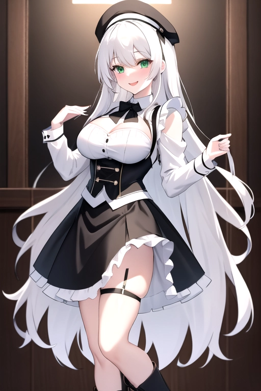 long hair, pale skin, white hair, green eyes, black choker, giant H-cup breasts, wavy hair, white maid uniform, smiling, full body photo, 28 years old, miniskirt, cleavage, high heels, corset, 8k quality, boots, in living room