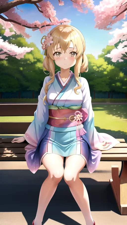 In the style of sword art online, 1girl, innocent, young, loli, busty, kimono, cute, In a park, chery blossom tree, sitting on a bench
