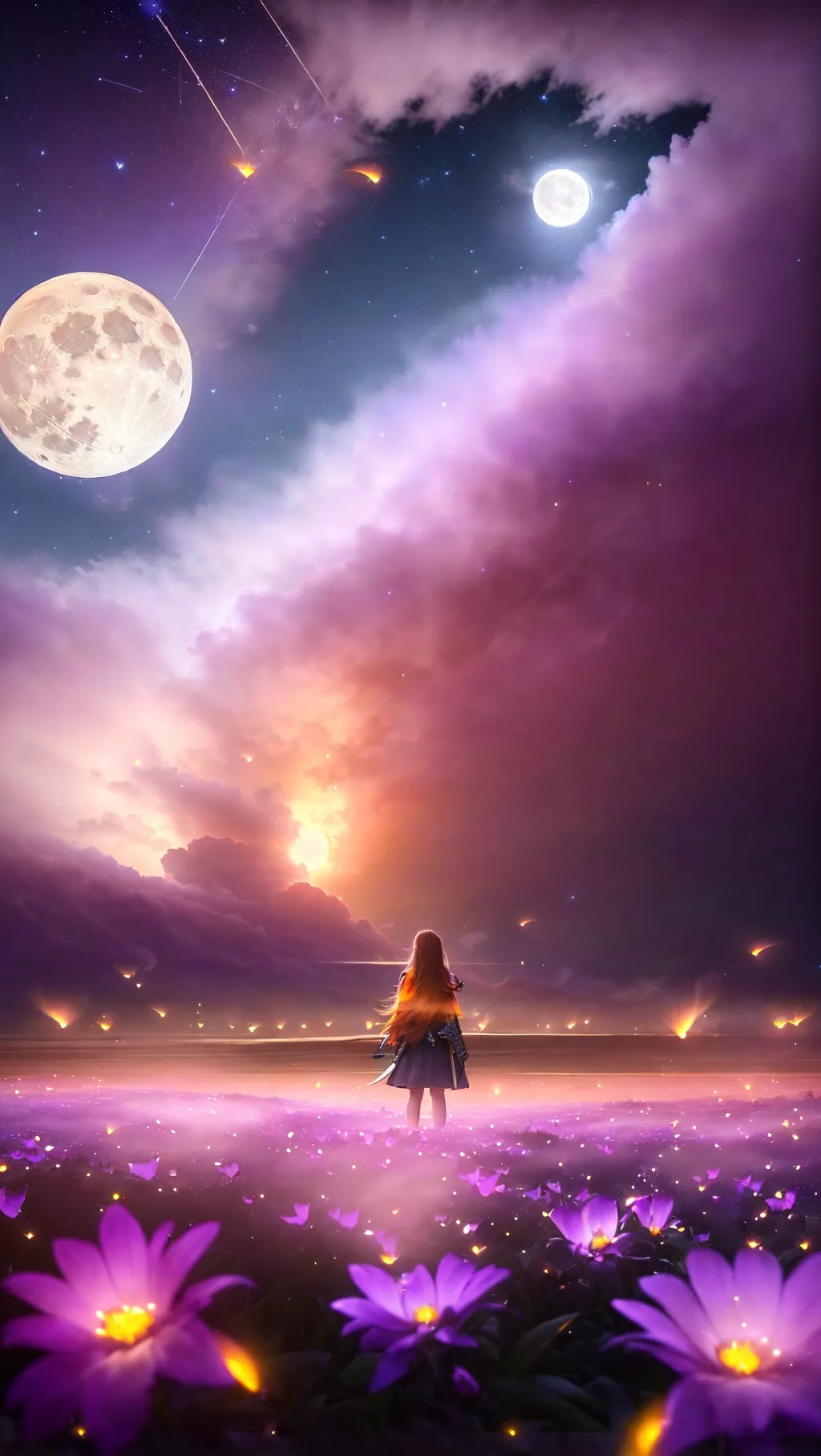 sweeping landscape photography (a view from below showing the sky above and the open land below), a girl standing in a field of flowers looking up, (full moon: 1.2), (shooting stars: 0.9), (fog: 1.3), distant mountain,
tree production art, (warm light source: 1.2), (fireflies: 1.2), lamp, lots of purple and orange, intricate details, volumetric lighting,
realism (masterpiece: 1.2) , (best quality), 4k, ultra-detailed, (dynamic compositing: 1.4), very detailed, colorful details, (dazzling colors: 1.2), (bright lighting, atmospheric lighting), dreamy, magical, (solo: 1.2)
