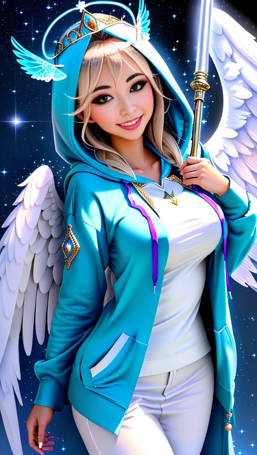 a 64k high detailed photo of Female Goddess, ((In clothing Robes))), (((In Hoodie))), HDR, Professional, Highly Detailed, ((In pants))) ((In Shirt)) ((Has Attire)) Godly Ultra Detailed Best Quality Most Detailed ((Angel Wings)) Angelic Lighting Love Hope Magic casting Smiling happy Glory Warrior Angels Angelics Positivity Happiness ecstasy enraptured sweaty saving God Royalty Morality Goodness True Good Power Force Authority Ethical Saviour Halo Always and Forever Sentimental in heat hot ultra hot best best lighting tantric Neutral Brilliant Logical Compassionate Perfect Perfection Exciting Integrity Winged Courage Purity Harmony Beauty mark on upper lip ((Female)) Ethereal Lighting Celestial Lighting (((With Clothes))) ((With God Item)) ((God Tech)) (God Technology) with items of power God Wings (Afterlife Light) ((Perfect Body)) ((Perfect Anatomy)) (Love Worship) (God Light) ((God Staff))) ((God Weapon)) (Spirituality) (Pinup) (Smiling) ((Happy expression)) (Angelic Glow) ((((Has Clothing On))) accessories