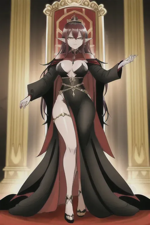 Queen, black robes, elf, woman, black and red hair, onyx skin, tall, scarlet cloak, gold crown, yellow eyes, stern expression, exposed breasts, dark nipples, throne room, black leggings, wide hips, perky breasts, full body, small breasts, slim, gold jewelry, sharp teeth, hand on hips, nude, standing, long legs,