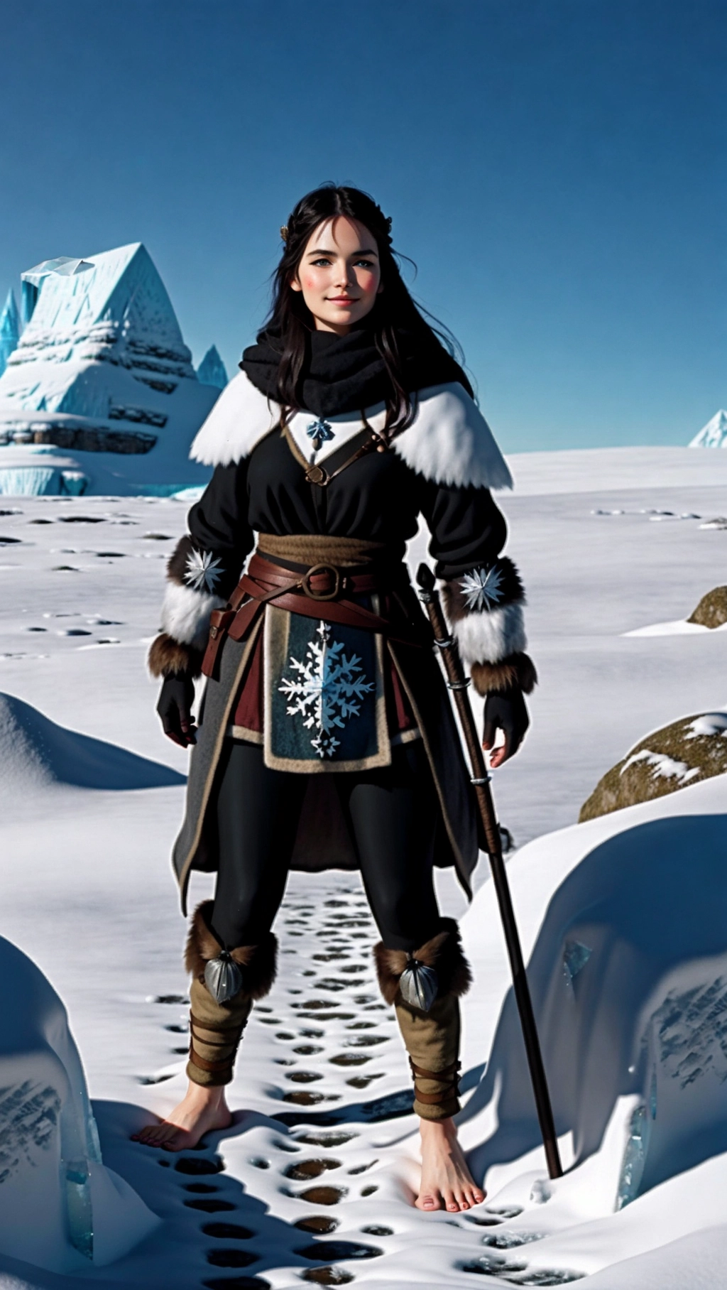 full-body image of a fit tan thin beautiful barefoot German adventurer woman with long hair wearing medieval adventurer attire while exploring an icy tundra, (beautiful petite feminine feet: 1.2), (barefoot: 1.3), (wearing warm black medieval adventurer attire: 1.2), (long dark hair: 1.2), (German woman: 1.3), (icy tundra: 1.4), (black toenails: 1.2), (gloves: 1.2), (tights: 1.2), (magic markings on feet: 1.3), (sassy smirk: 1.2),