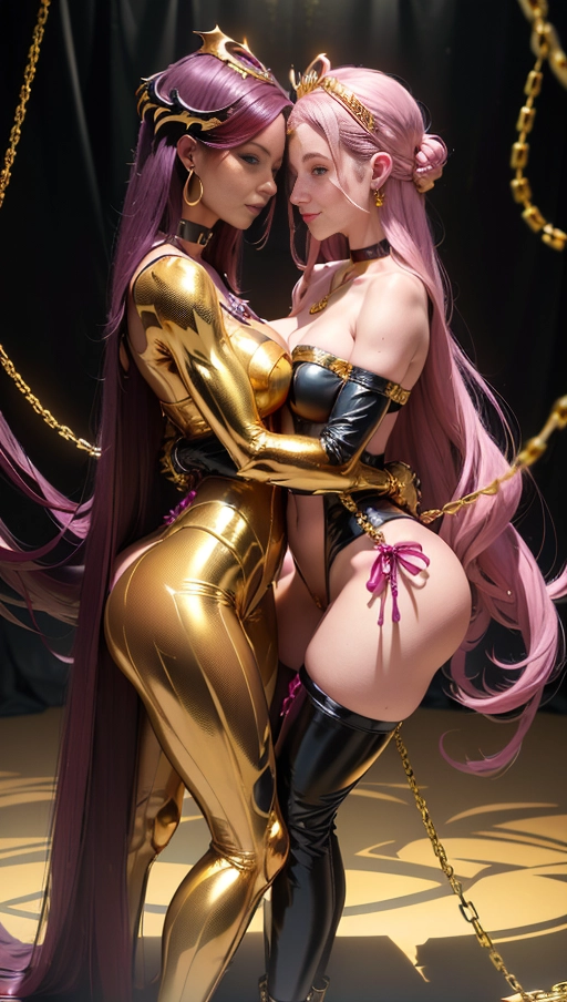 best quality, (((ultra high res))), (detailed face and eyes), (succubus), hearts, perfect face, necklace, (big choker), golden earrings, jewelry, tail, gloves, snake, ((gold)), (((big pink diamond diadem))), (big pink diamond crown), hourglass body, snake coiling, golden snake, ((handcuffs)), handcuffed, ((((chained)))), (tied up), chains, chain, (((((golden symbiote suit))))), (((( golden symbiote girl)))), (((golden succubus symbiote))), (((succubus wings))), (((big cameltoe))), ((((burgundy hair)))), ((((very long hair)))), ((((straight hair)))), dress, ((boots)), (((((2 girls hugging)))))