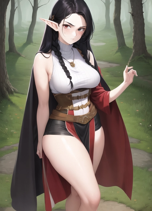 ((90s art style)), (masterpiece), absurdres, smooth, soft lines, soft edges, perfect edges, (soft lighting), (soft glow), perfect anatomy, detailed background, hair with great details, perfect eyes, perfect face, (looking at viewer), ((serious expression)),
lip gloss, smiling, ((flushed cheeks)), erotic, ((forest background)), full body view, ((wood elf)),
((Long black hair)), braids, ((freckles)), thick thighs, wide hips, ((cloak around shoulders)), high top boots, corset, skirt, ((fair skin)), ((very pale skin color)), fit, ((extremely thick arms)),