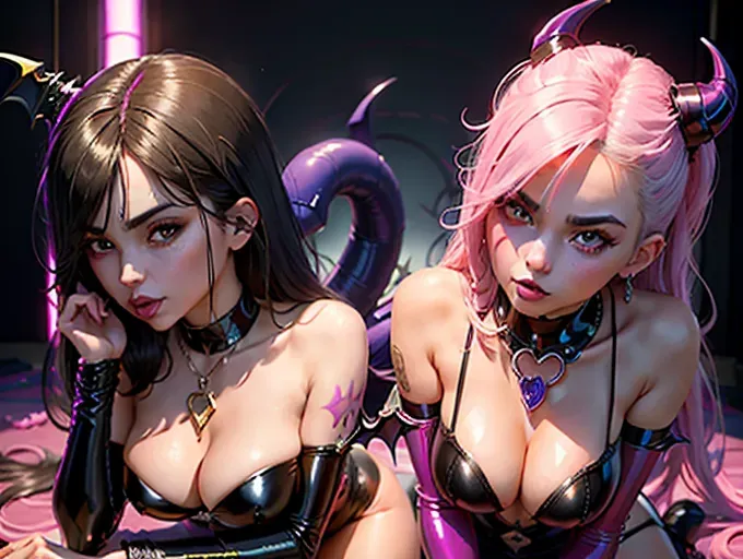 2 girls licking, (all fours), (front view), (face very close), best quality, (((ultra high res))), (detailed face and eyes), perfect boobs, perfect body, seductive, (((very long hair))), purple glowing latex, giant magical necklace, pink magic force, ((corruption)), (((long succubus tail))), purple latex gloves, choker with heart, heart shaped nipple patch, pink glowing heart, magic spell, ((Victoria justice succubus)), ((Kylie Jenner succubus)), pink heart tattoo