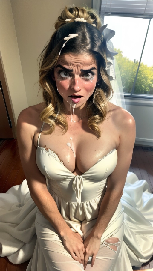 <lora:KpxWkLqox25_AnnieMurphy:1>, (Hypnotized), (photo realistic:1.37), (modern artwork), 1female, (perky tits, fit, athletic), glistening skin, pale skin, ((extremely messy hair)), ((shocked confused angry expression on face, eyes open)), (dark lighting), (((wearing a torn up white wedding dress))), < dpmg_covering_breasts_arms_crossed_v1 , spread eagle, tits out, arched back, ((looking right at the camera)), getting her hair pulled, (((showing her face to viewer))), ( crying tears, sobbing), ((half way undressed, exposing breasts)), on her knees, <lora:headpat:1>, (worst day of her life), mouth open, ((dpmg_face_cum_v1)),
((Face covered in cum)), ((dress ripped and torn)), messy hair, ((cum dripping out of her mouth)), (labeled a cum slut),
(best quality), <lora:dpmg_add_detail:0.5>, beautiful,(high resolution), (((masterpiece))), (uhd), (8k), (sharp focus)
