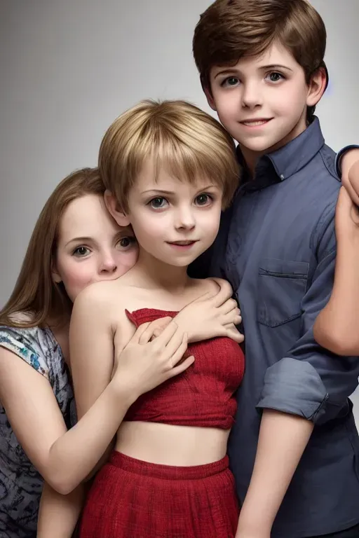 a photograph of, a small boy, a grown woman, the boy is touching the womans chest, the woman is allowing it