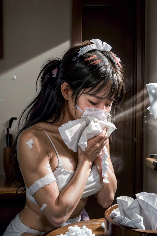 (photorealistic:1.4), (masterpiece:1.4), (best quality:1.4), ultra high res, professional photograph,
sexy Thai bar girl, dark brown skin, extremely long messy black hair, sweaty,
colorful floral cheeky panties and matching bra, sitting on a vanity stool in front of a makeup table, viewed from below, rear quarter view,
((allergies, hay fever, blowing her nose, (((holding tissues to her nose))), sneezing, runny nose, teary eyes, furrowed brow, pre-sneeze face)),
(nighttime:1), in a darkened bathroom, single light source, messy room, opened package of tissues on the makeup table right in front of her,
(best quality), <lora:dpmg_add_detail:0.9>, (high resolution), (((masterpiece))), (uhd), (8k)