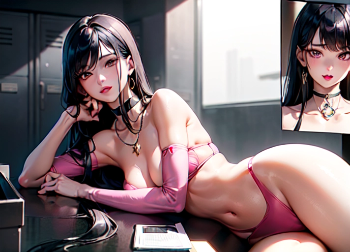 photorealistic, 8k, accurate face, (((detailed face))), (((replicate inspiration face))), full figure shot, shining eyes, female face, cute, 21 years old gorgeous, luxuriously long black hair, lipstick, bangs, small breasts, choker, necklace, pendant,
wearing pink stewardess outfit, in locker room,
