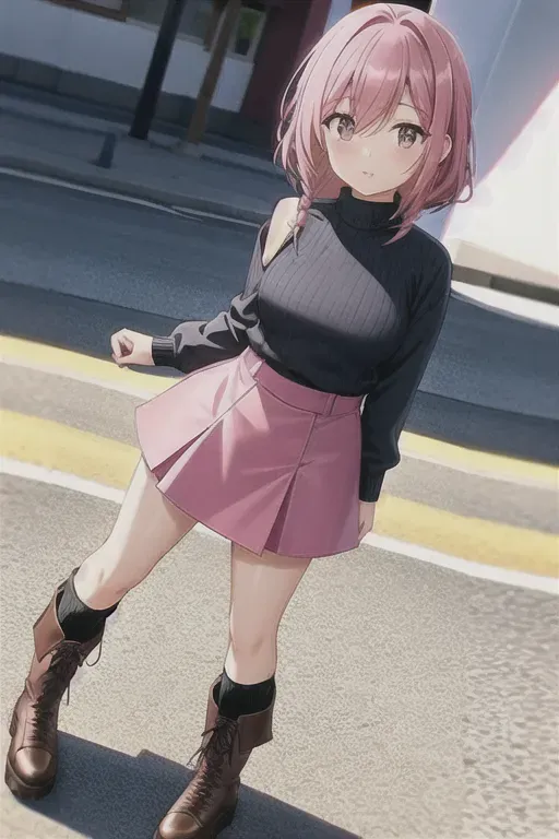Female, tulip pink hair, shoulder length, fandango colored eyes, magenta colored sweater, navy blue skirt, black boots