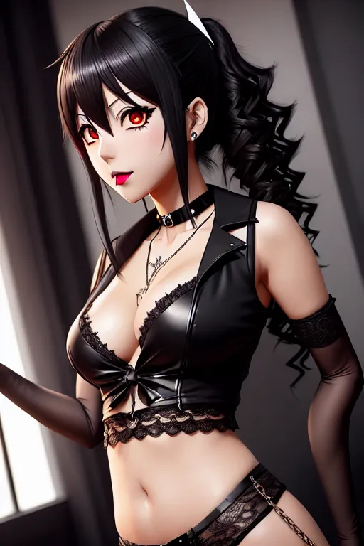 a illustration of,chitoge kirisaki,wearing goth clothing,doing sexy pose,indoor,five fingers per hand,curly hair,charming face,beautiful lips,brown eyes,curved eyebrows,curved eyelid,wearing necklace,sharp focus,artstation,highly detailed,studio lighting,8k