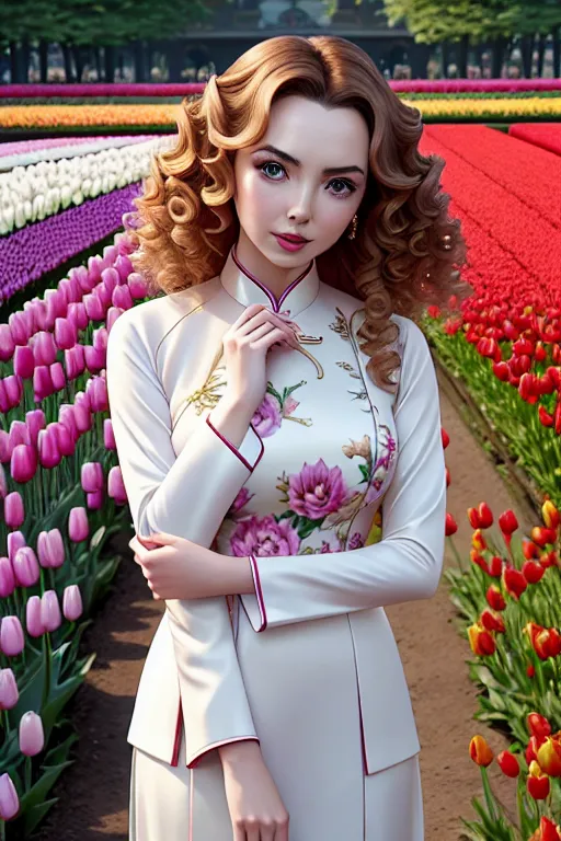 a oil painting of,jodie comer,wearing ao dai,touching breasts,in a tulip garden,five slender fingers,curly hair,gorgeous face,beautiful lips,detailed large eyes,curved eyebrows,curved eyelid,pale skin,tattoo,highly detailed,professional,smooth,unreal engine,bokeh