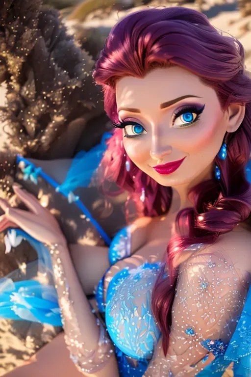 wide shot, 20 year old, a disney princess, slim, lingerie, blue, beach, day time, studio light, happy, 8k, professional