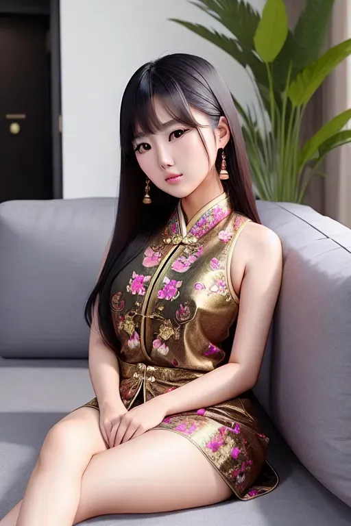 a realistic 8k photo of a (((beautiful asian girl))) ((posing on a couch))