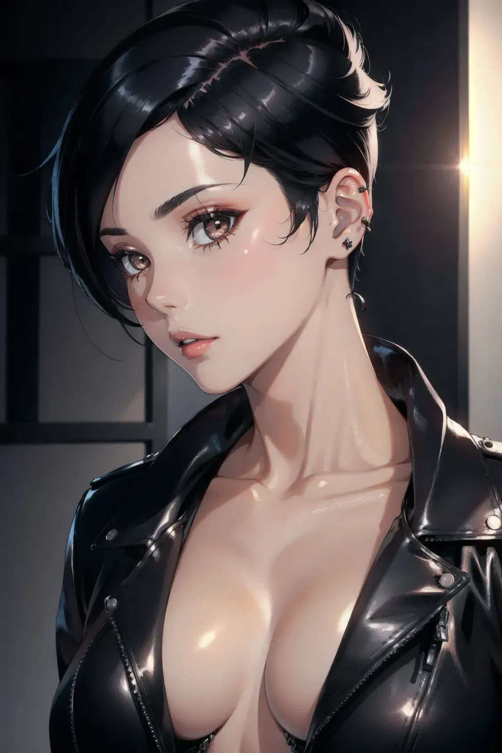 Female, short black hair, earring, black leather jacket, detailed, global lighting, ((masterpiece)), 8k wallpaper, high quality, highly detailed