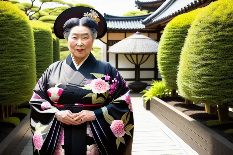 wide shot, 20 year old, a queen, thicc, kimono, black, garden, daytime, studio light, happy, 8k, professional