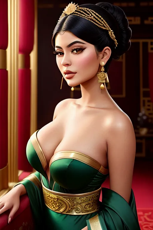 a oil painting of,kylie jenner,wearing chinese costume,arched back pose,indoor,big breasts,five slender fingers,short hair,gorgeous face,beautiful lips,green eyes,curved eyebrows,curved eyelid,wearing golden ring,studio lighting,editorial,surreal,smooth,unreal engine