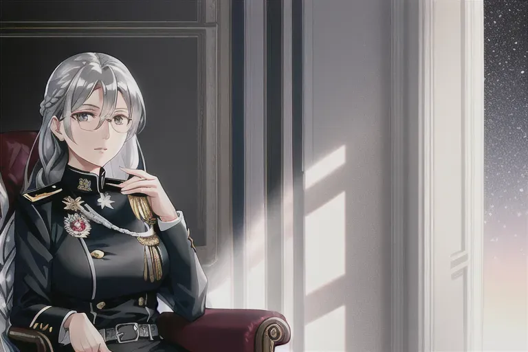 50 years old, mature woman, long dark silver hair, silver eyes, serious eyes, detail eyes, serious face, loose braid, small breast, sitting on luxury chair, military uniform, military coat, great lighting, 4k, beautiful background, eyeglasses