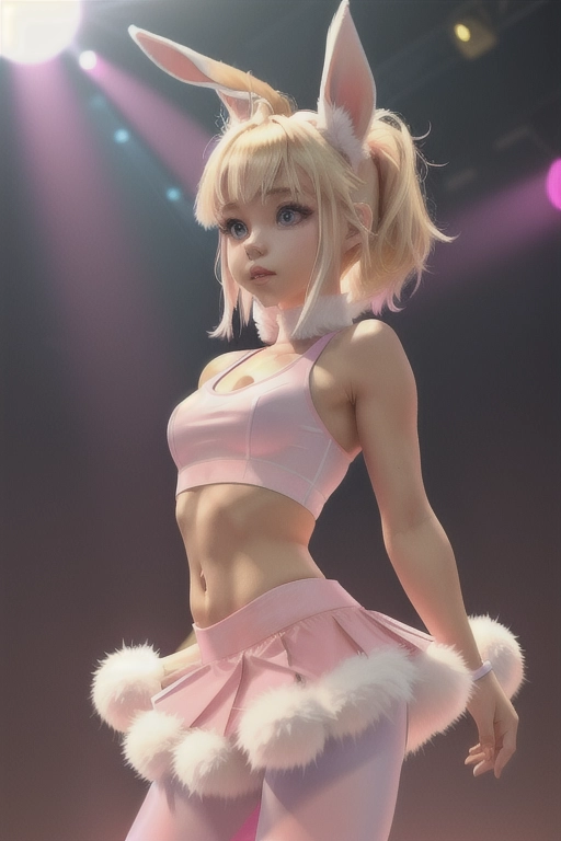 a petite, energetic bunny girl, with fluffy white fur and a bright pink nose. She dressed in a revealing rave outfit (tight crop top and bra with g string thong showing under skirt with leggings), with her long ears poking up through her short blonde hair.